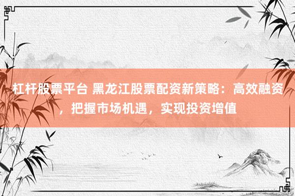 杠杆股票平台 黑龙江股票配资新策略：高效融资，把握市场机遇，实现投资增值